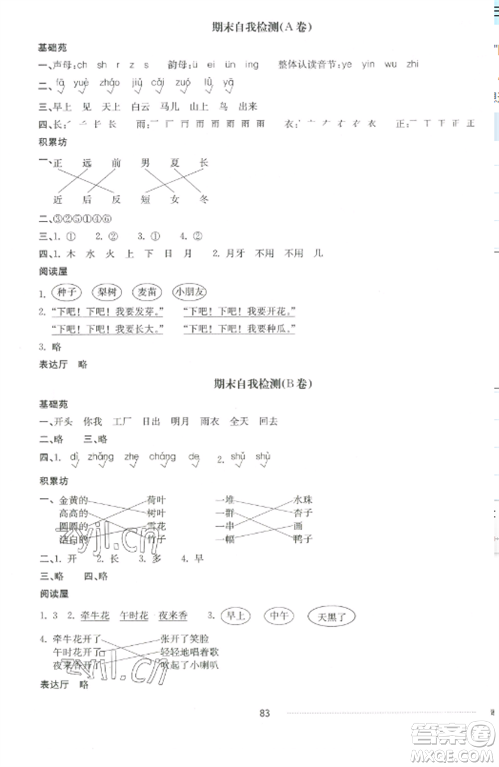 山東科學(xué)技術(shù)出版社2022同步練習(xí)冊(cè)配套單元自測卷一年級(jí)語文上冊(cè)人教版參考答案