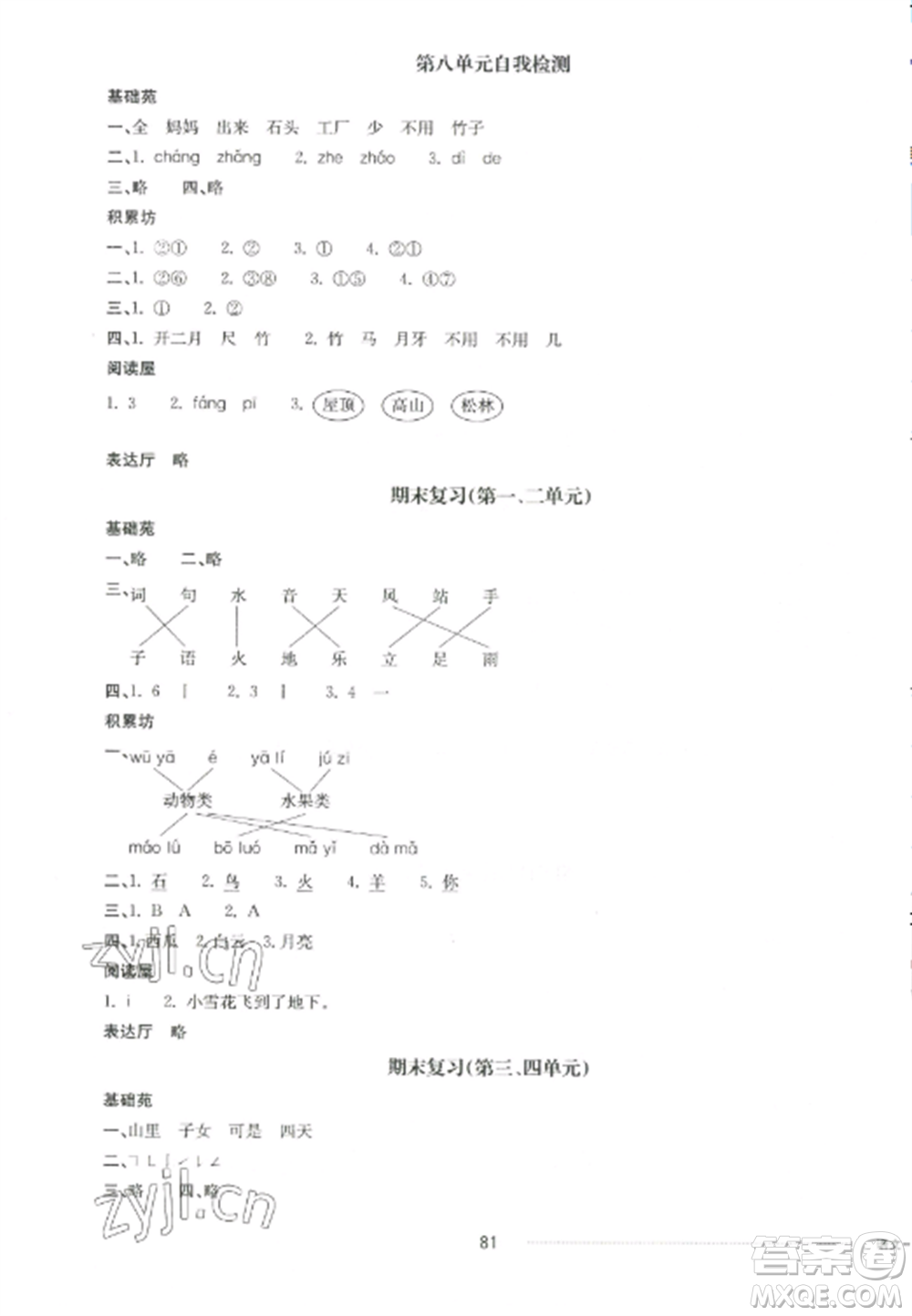 山東科學(xué)技術(shù)出版社2022同步練習(xí)冊(cè)配套單元自測卷一年級(jí)語文上冊(cè)人教版參考答案