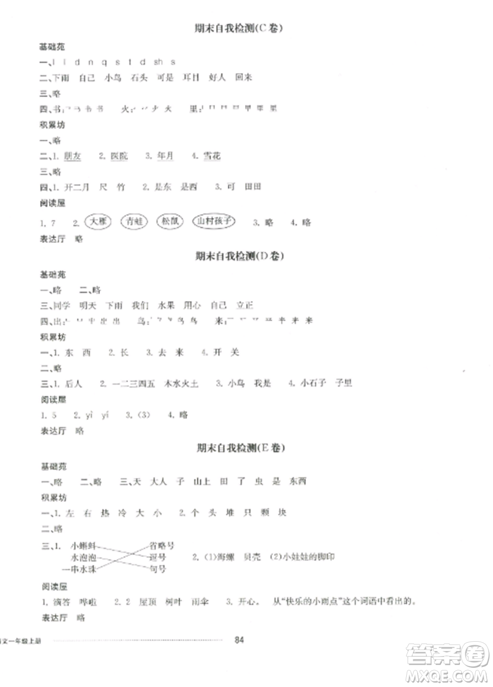 山東科學(xué)技術(shù)出版社2022同步練習(xí)冊(cè)配套單元自測卷一年級(jí)語文上冊(cè)人教版參考答案