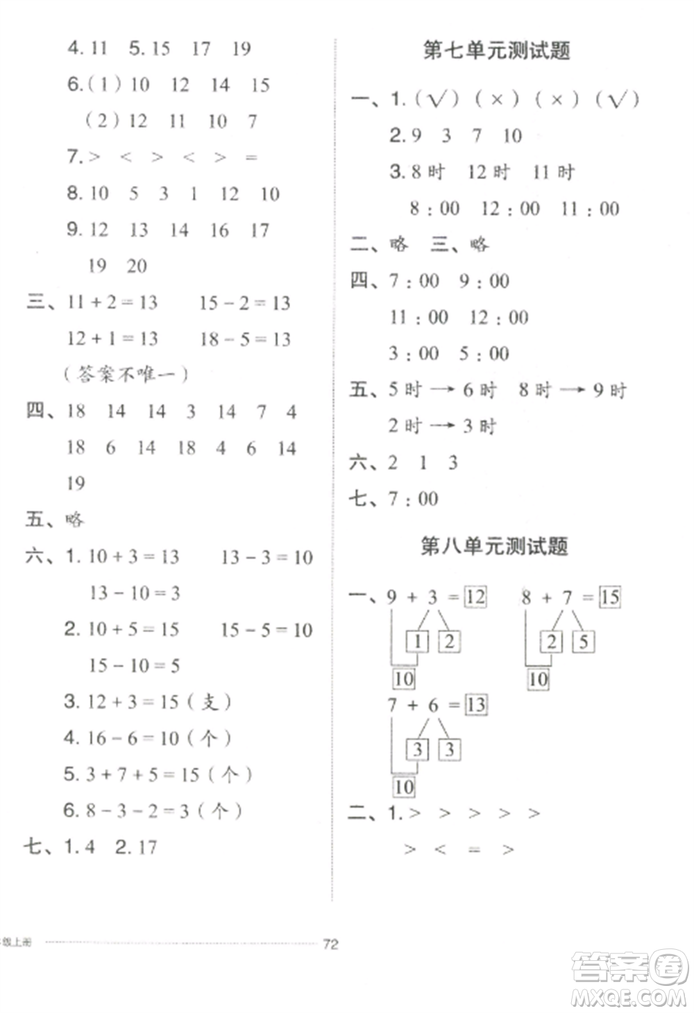 山東科學(xué)技術(shù)出版社2022同步練習(xí)冊(cè)配套單元自測卷一年級(jí)數(shù)學(xué)上冊(cè)人教版參考答案