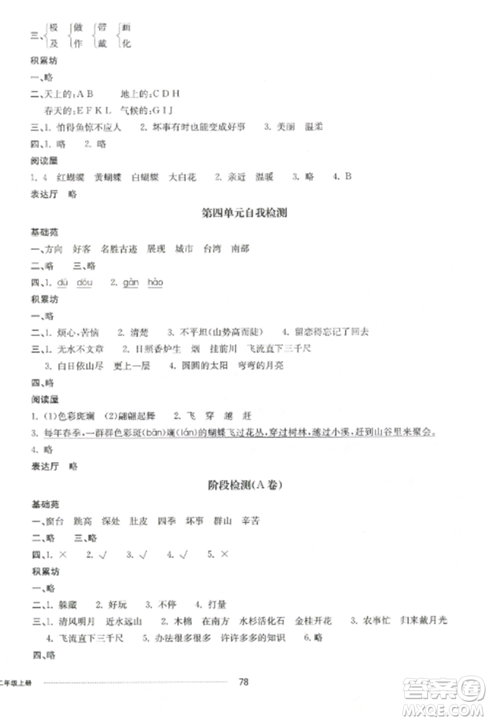 山東科學(xué)技術(shù)出版社2022同步練習(xí)冊配套單元自測卷二年級語文上冊人教版參考答案