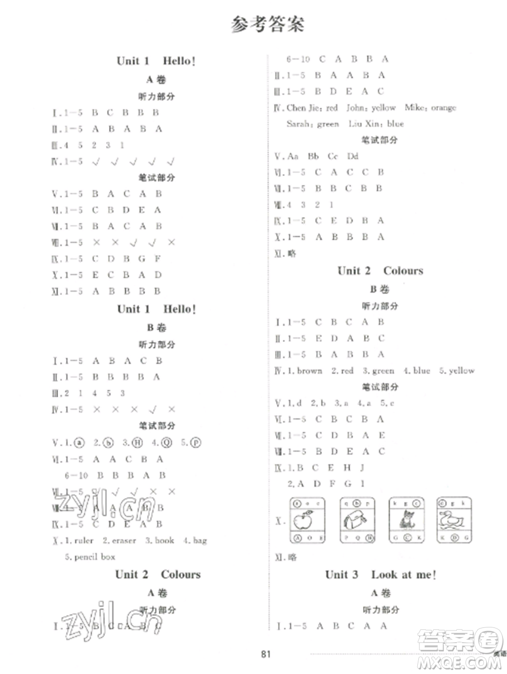 山東科學(xué)技術(shù)出版社2022同步練習(xí)冊配套單元自測卷三年級英語上冊人教版參考答案