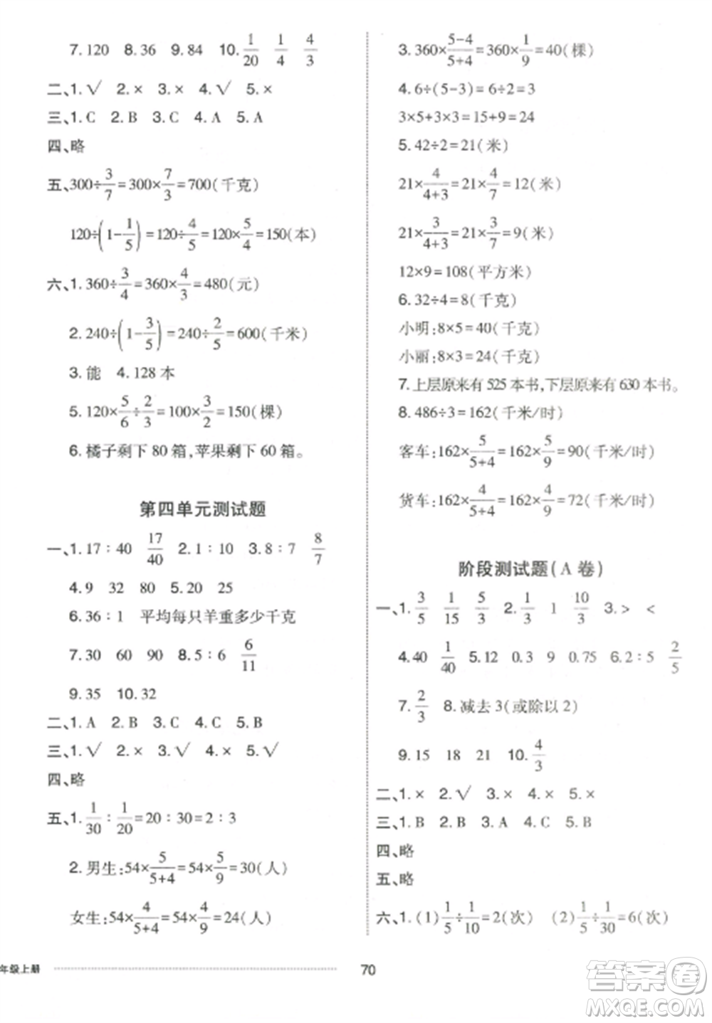山東科學技術出版社2022同步練習冊配套單元自測卷六年級數(shù)學上冊人教版參考答案