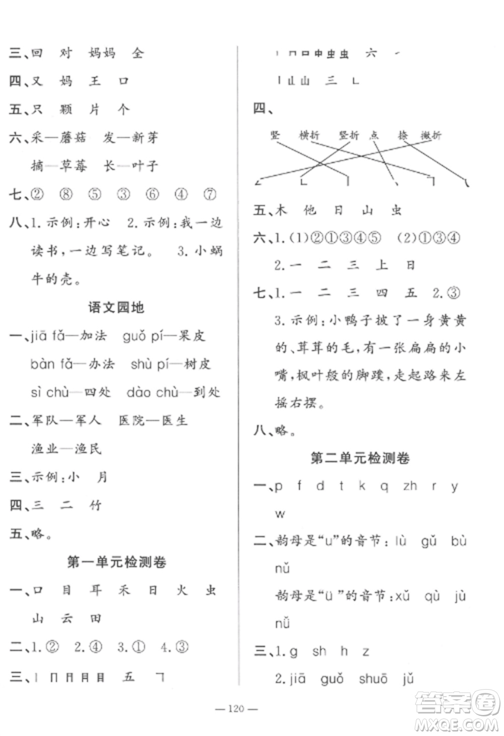 山東文藝出版社2022小學(xué)課堂同步訓(xùn)練一年級語文上冊人教版五四制參考答案