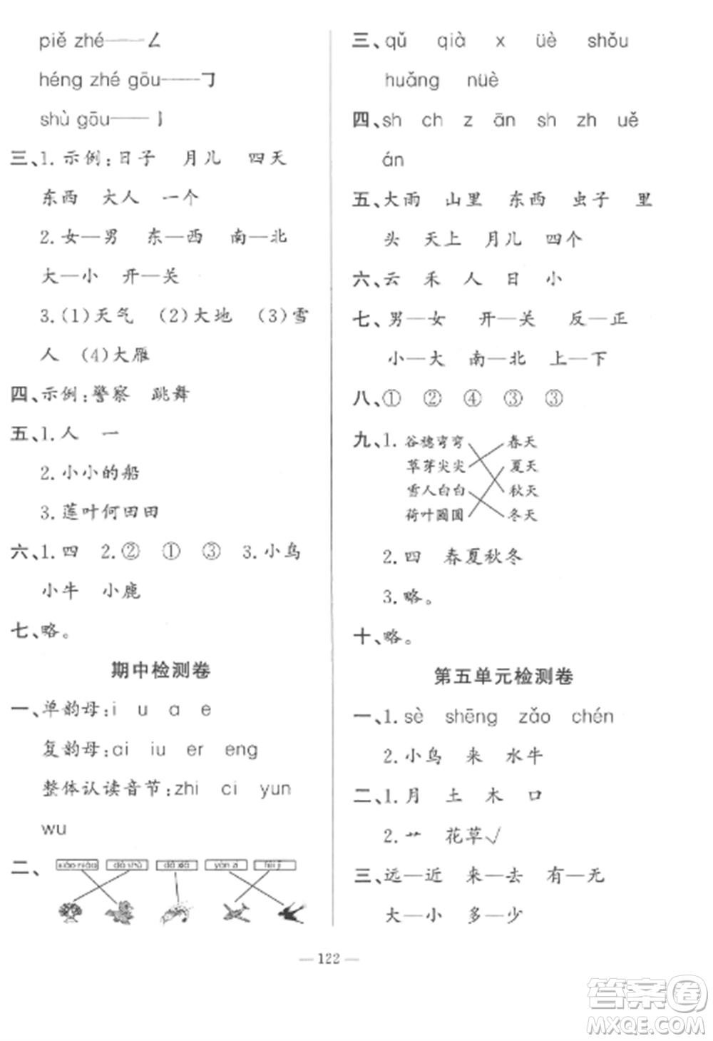 山東文藝出版社2022小學(xué)課堂同步訓(xùn)練一年級語文上冊人教版五四制參考答案