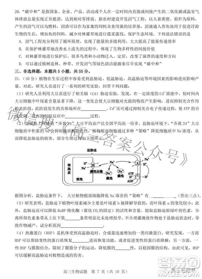 山東中學(xué)聯(lián)盟2020級高三12月百校大聯(lián)考生物試卷答案