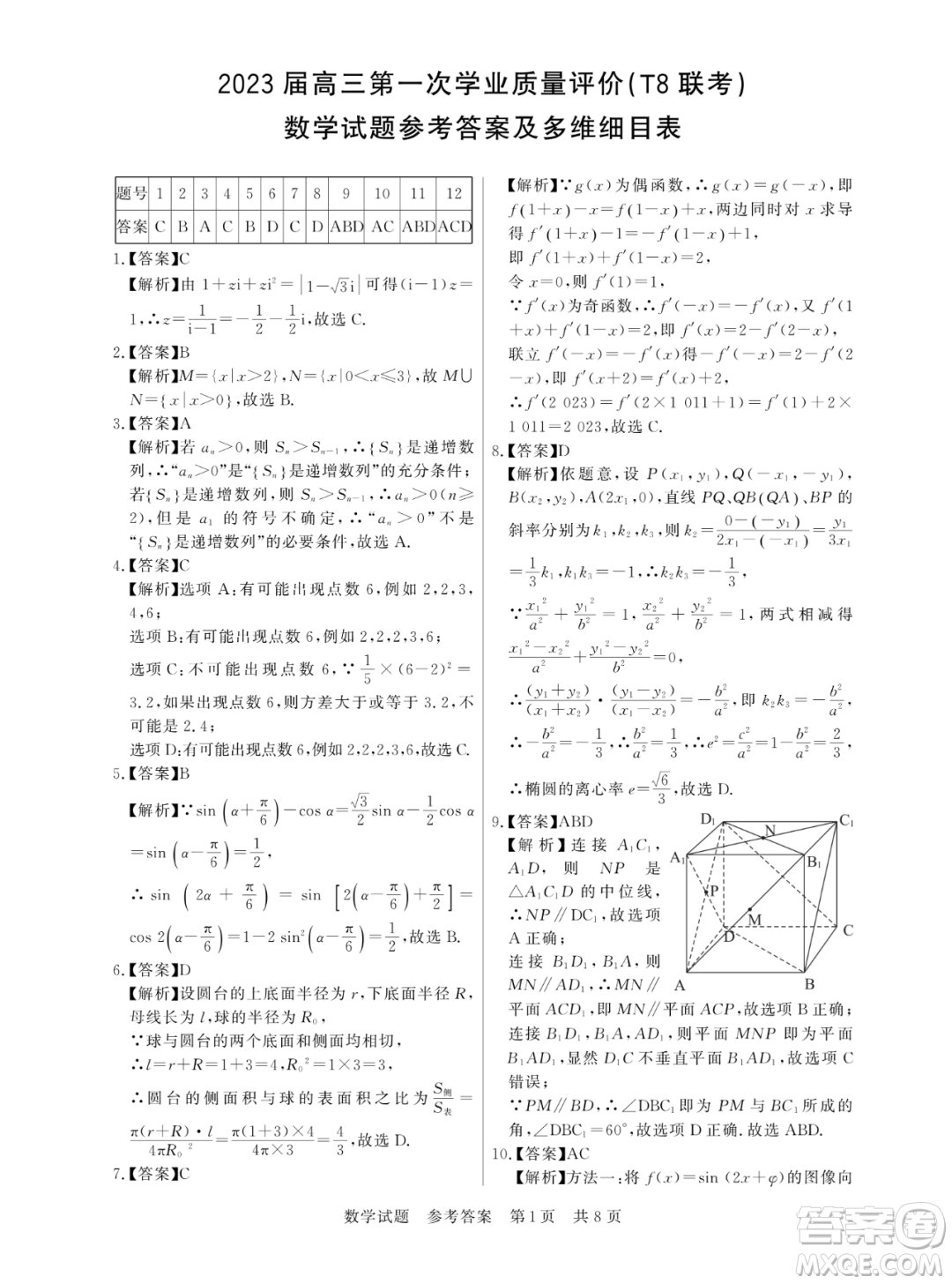 2023屆T8聯(lián)考高三第一次學(xué)業(yè)質(zhì)量評價(jià)數(shù)學(xué)試卷答案