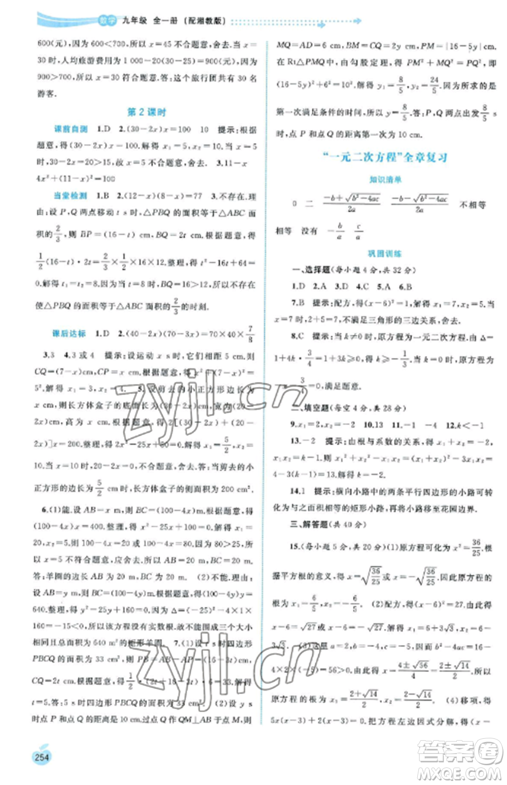 廣西教育出版社2022新課程學習與測評同步學習九年級數(shù)學全冊湘教版參考答案