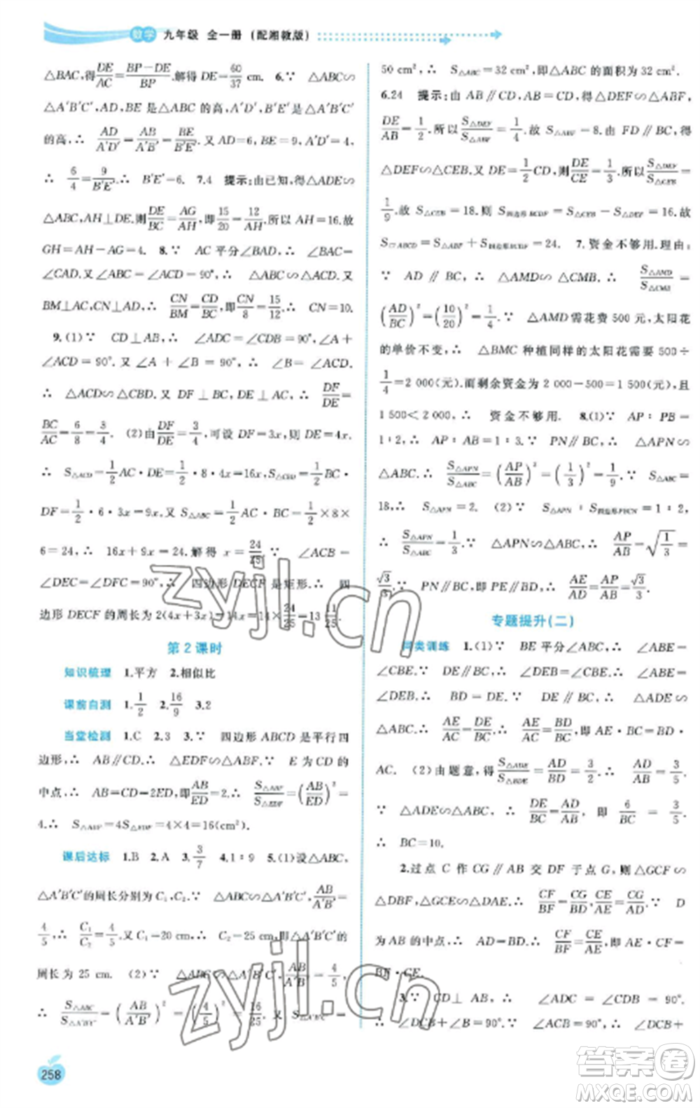 廣西教育出版社2022新課程學習與測評同步學習九年級數(shù)學全冊湘教版參考答案