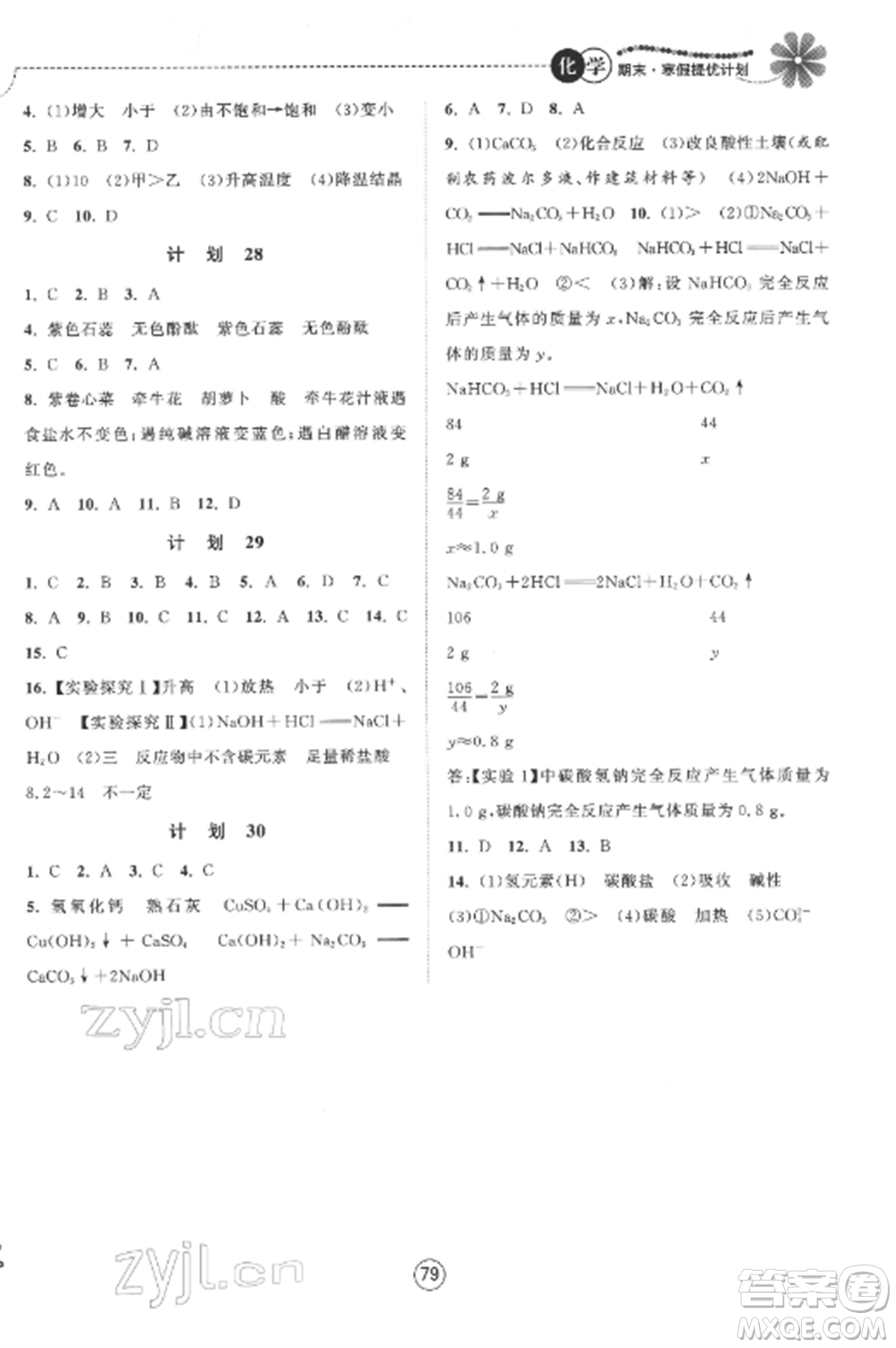 南京大學(xué)出版社2022期末寒假提優(yōu)計(jì)劃九年級(jí)化學(xué)全冊(cè)滬科版參考答案