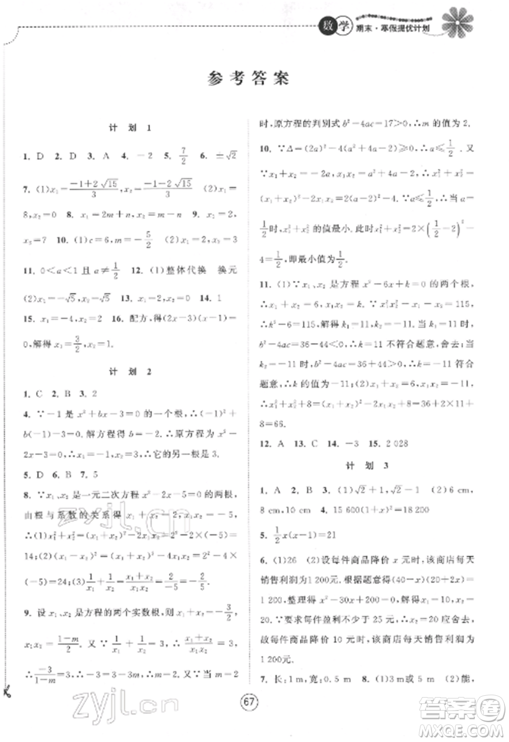 南京大學(xué)出版社2022期末寒假提優(yōu)計(jì)劃九年級數(shù)學(xué)全冊蘇科版參考答案