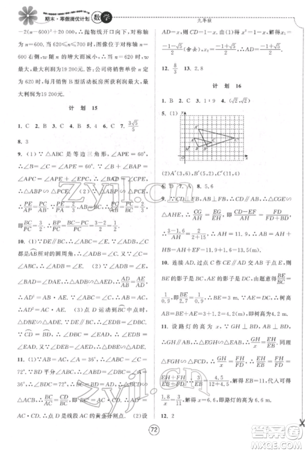 南京大學(xué)出版社2022期末寒假提優(yōu)計(jì)劃九年級數(shù)學(xué)全冊蘇科版參考答案