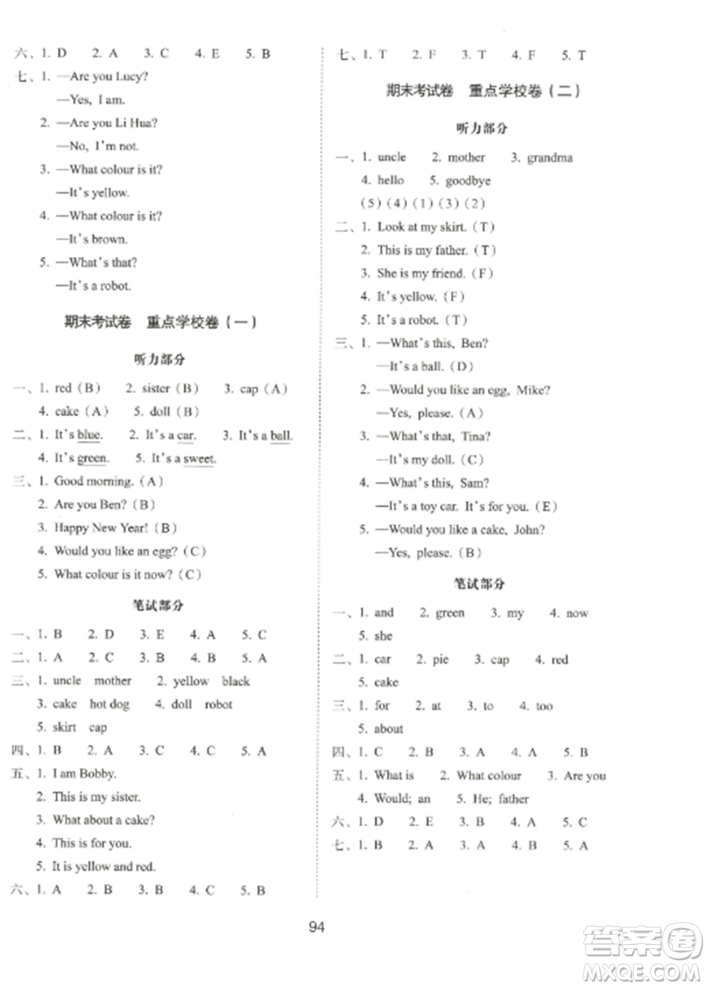長(zhǎng)春出版社2022期末沖刺100分完全試卷三年級(jí)英語(yǔ)上冊(cè)譯林版參考答案