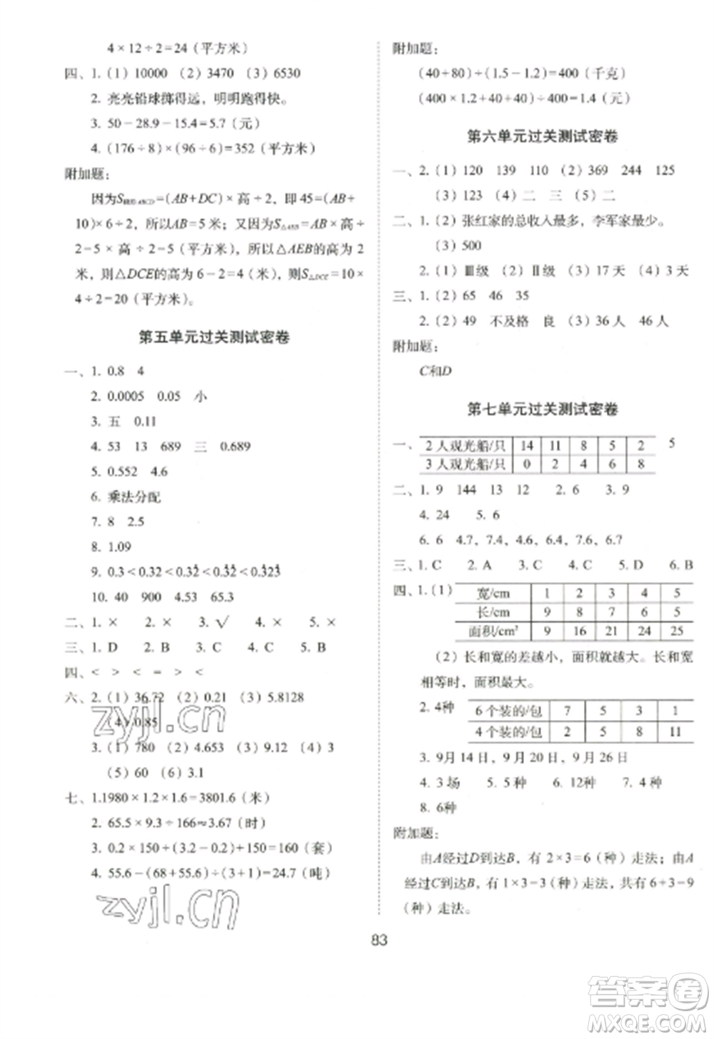 長春出版社2022期末沖刺100分完全試卷五年級數(shù)學上冊江蘇教育版參考答案