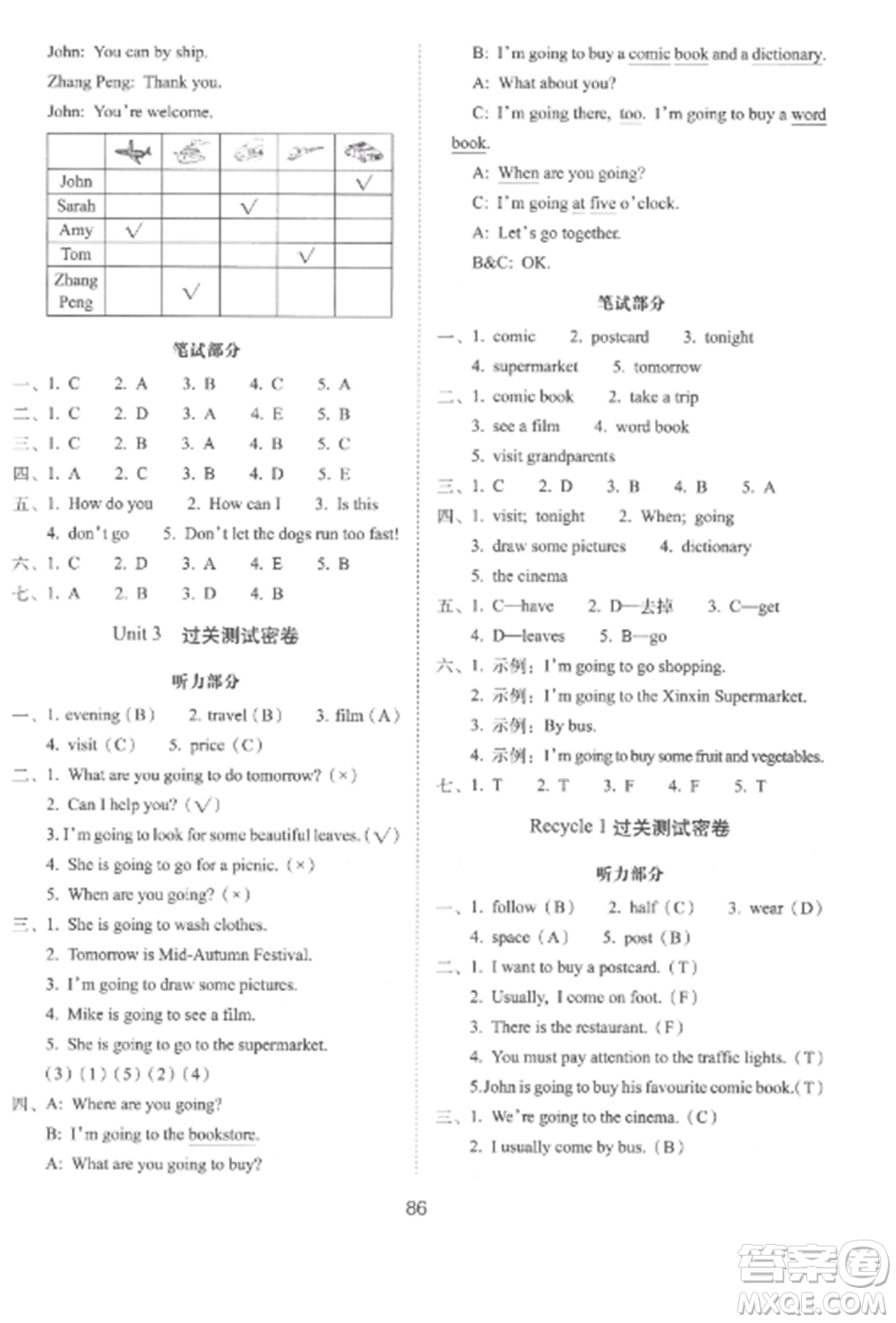 長春出版社2022期末沖刺100分完全試卷六年級(jí)英語上冊(cè)人教版參考答案