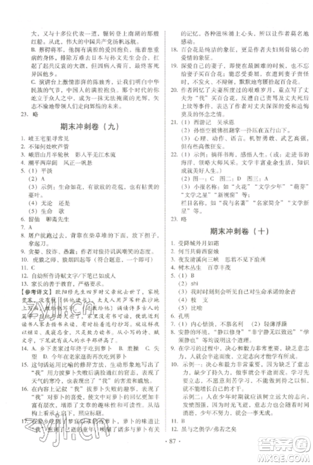 延邊大學(xué)出版社2022名校調(diào)研期末沖刺七年級(jí)語文全冊(cè)人教版參考答案