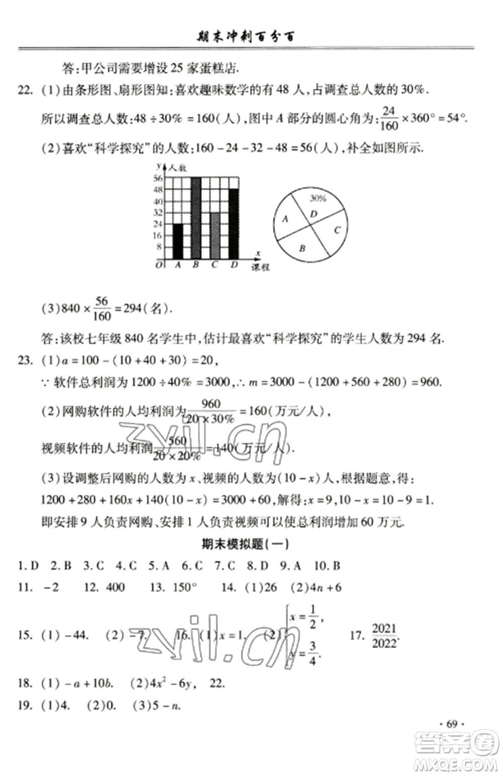 合肥工業(yè)大學出版社2022期末沖刺百分百七年級數(shù)學上冊滬科版參考答案