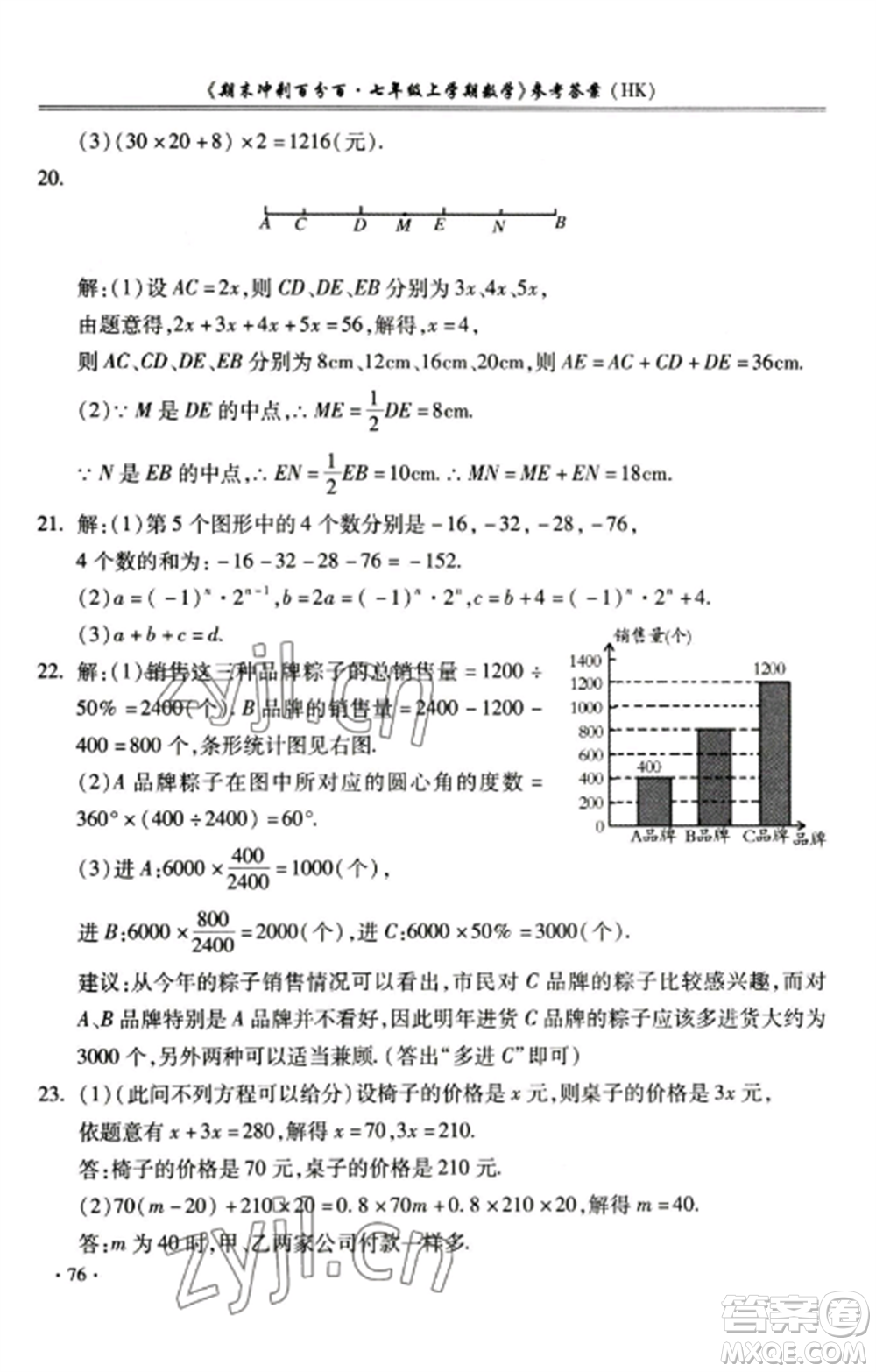 合肥工業(yè)大學出版社2022期末沖刺百分百七年級數(shù)學上冊滬科版參考答案