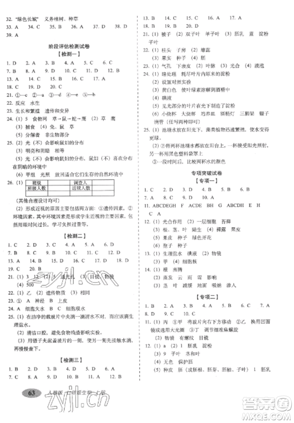 長(zhǎng)春出版社2022聚能闖關(guān)100分期末復(fù)習(xí)沖刺卷七年級(jí)生物上冊(cè)人教版參考答案