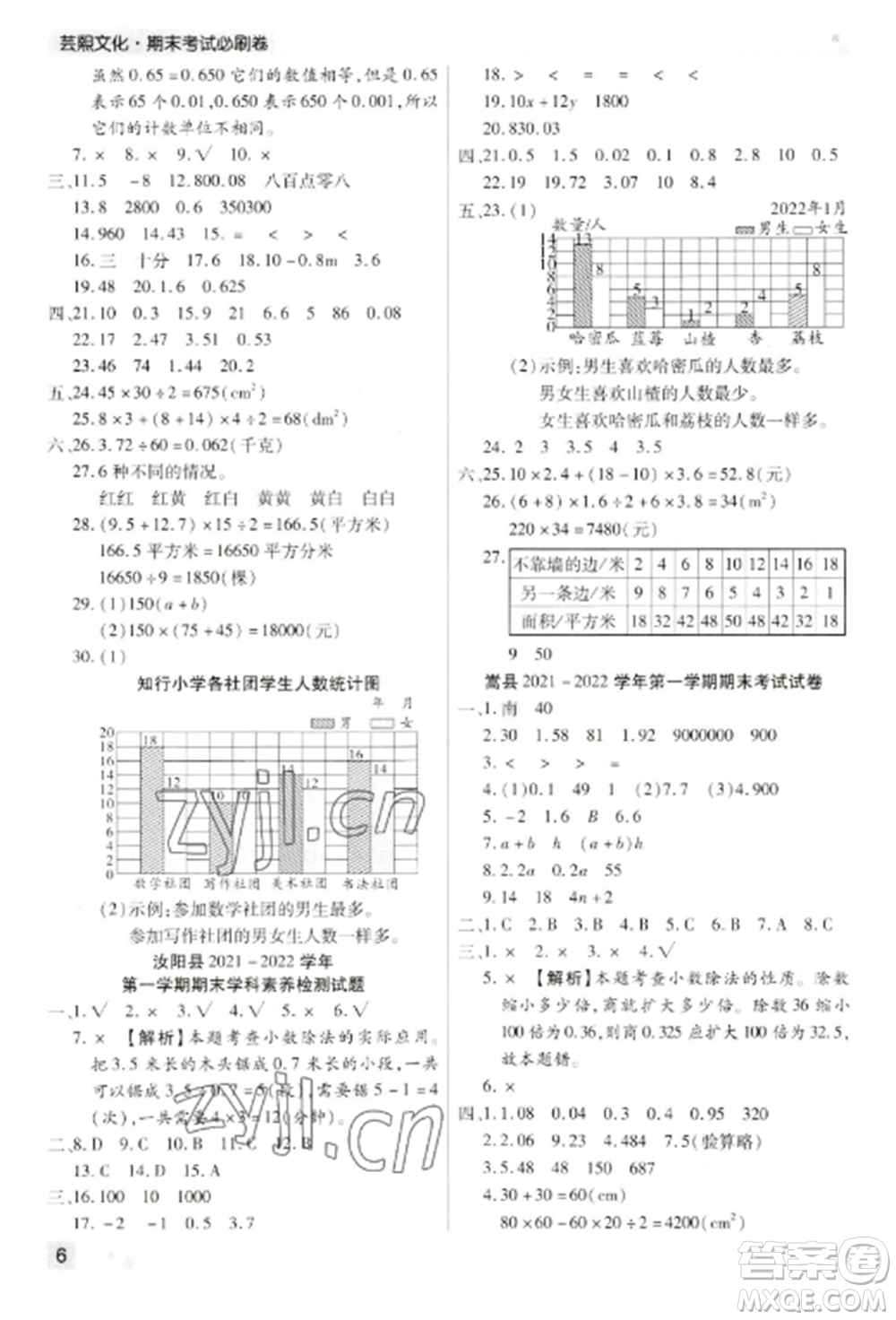 北方婦女兒童出版社2022期末考試必刷卷五年級數(shù)學上冊蘇教版九縣七區(qū)專版參考答案