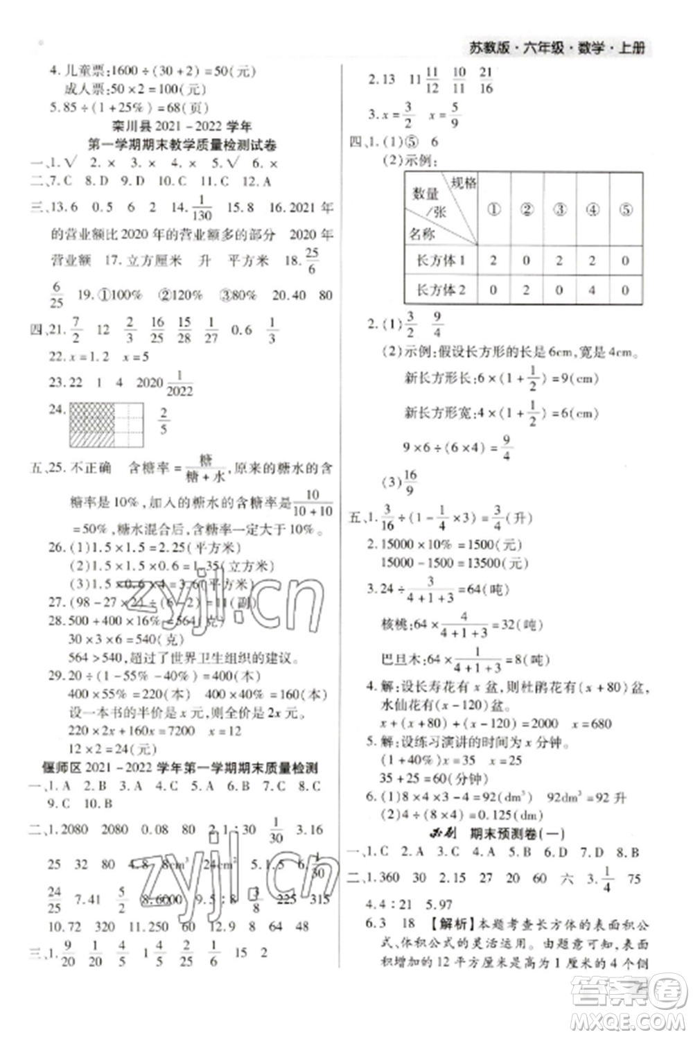 北方婦女兒童出版社2022期末考試必刷卷六年級(jí)數(shù)學(xué)上冊(cè)蘇教版九縣七區(qū)專(zhuān)版參考答案