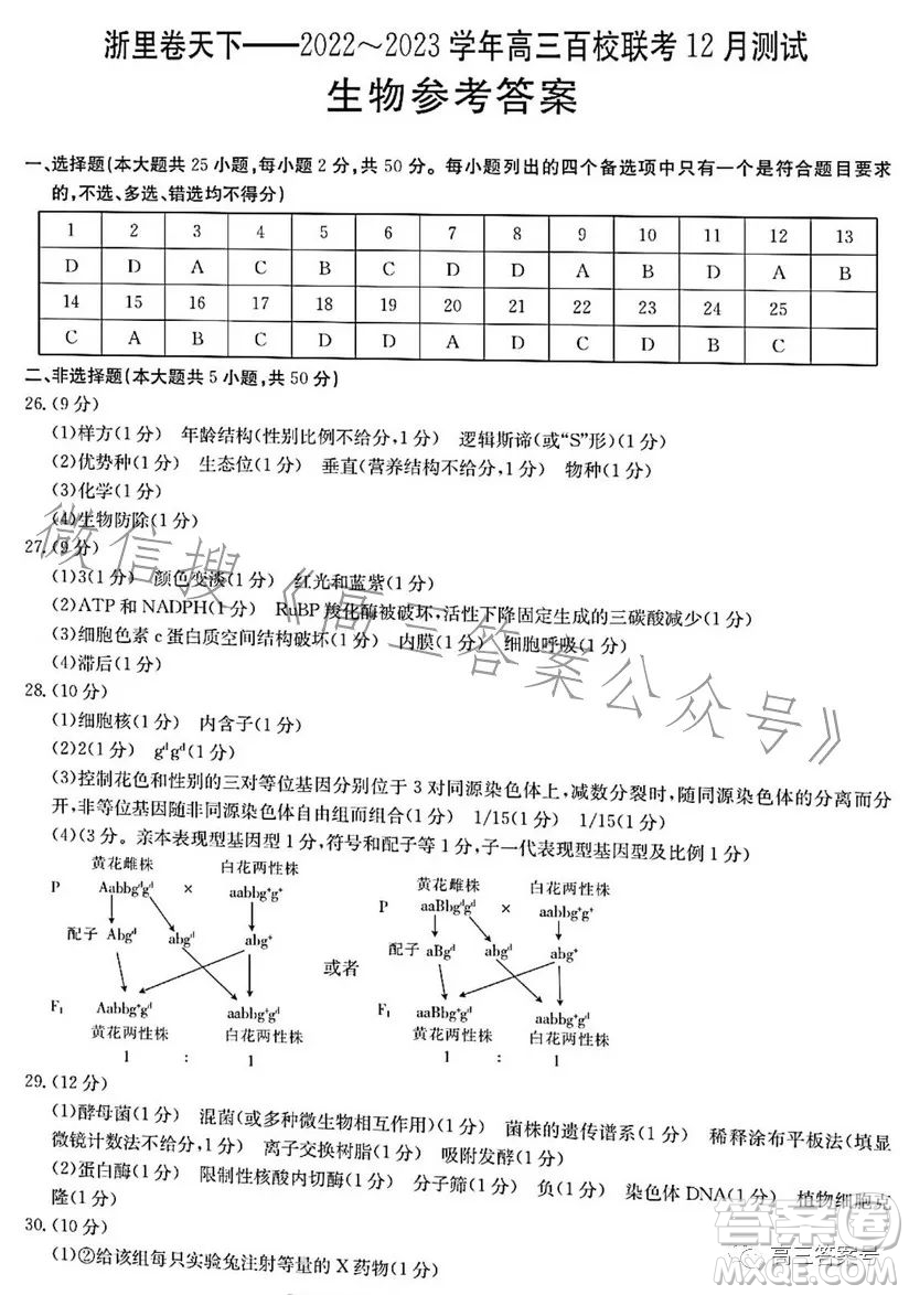 浙里卷天下2022-2023學(xué)年高三百校聯(lián)考12月測試生物試卷答案