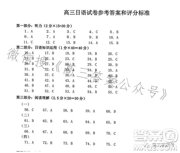 浙里卷天下2022-2023學年高三百校聯考12月測試日語試卷答案