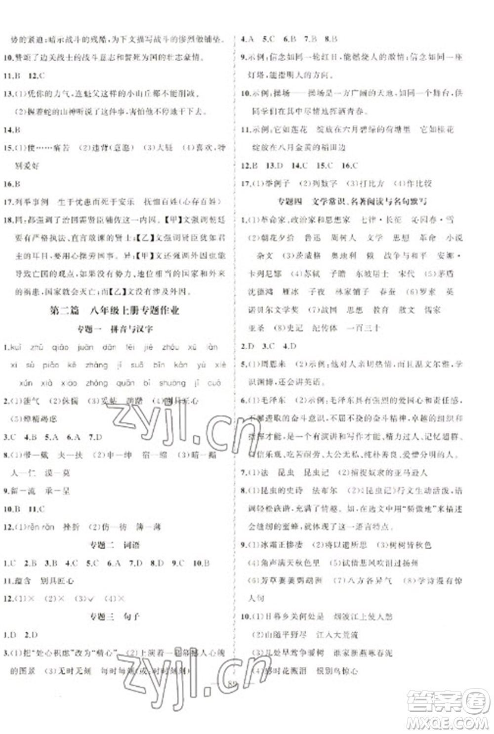 新疆青少年出版社2023寒假作業(yè)八年級(jí)語文人教版參考答案