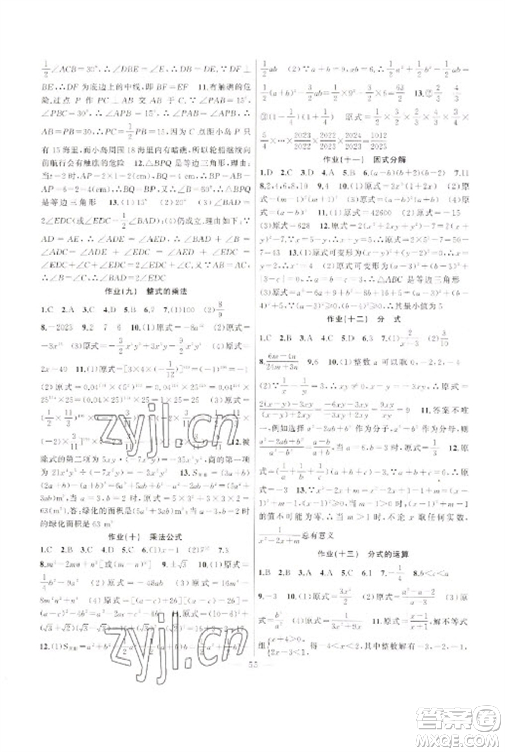 新疆青少年出版社2023寒假作業(yè)八年級(jí)數(shù)學(xué)人教版參考答案
