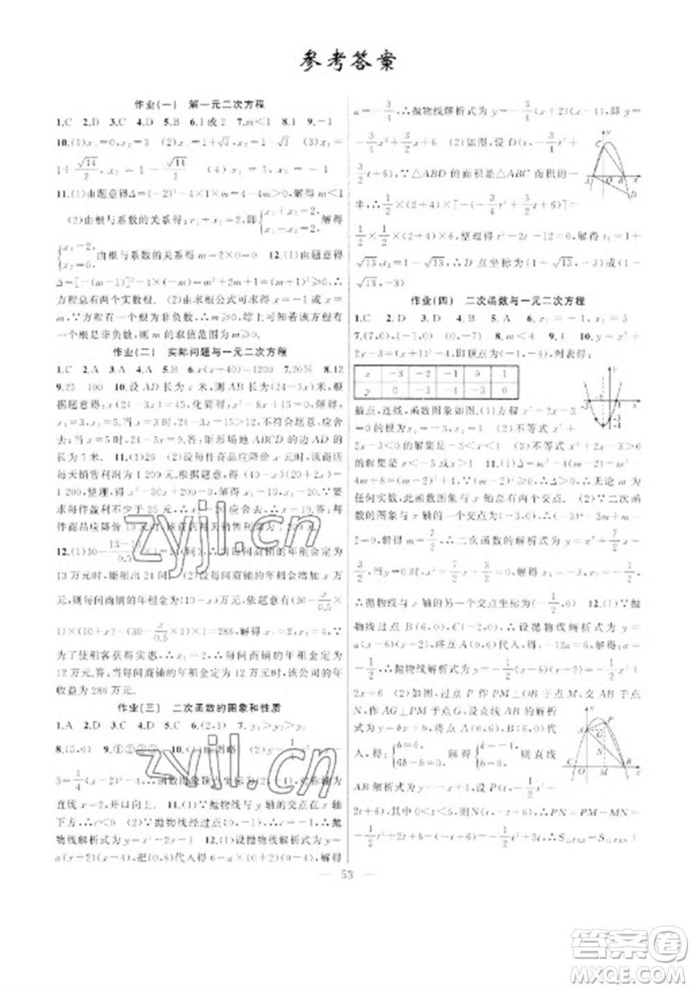 新疆青少年出版社2023寒假作業(yè)九年級數(shù)學人教版參考答案