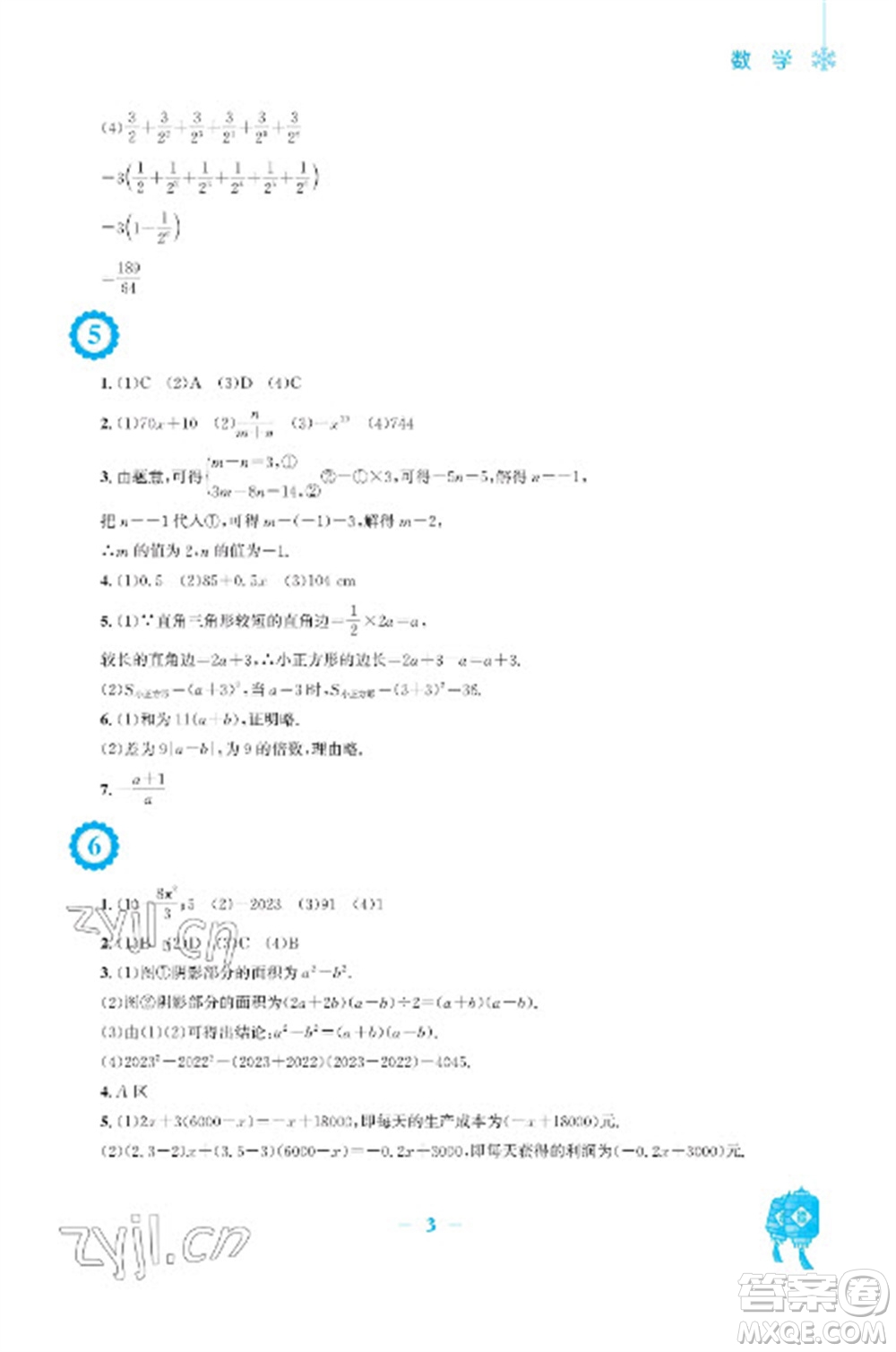 安徽教育出版社2023寒假作業(yè)七年級數(shù)學(xué)滬科版參考答案