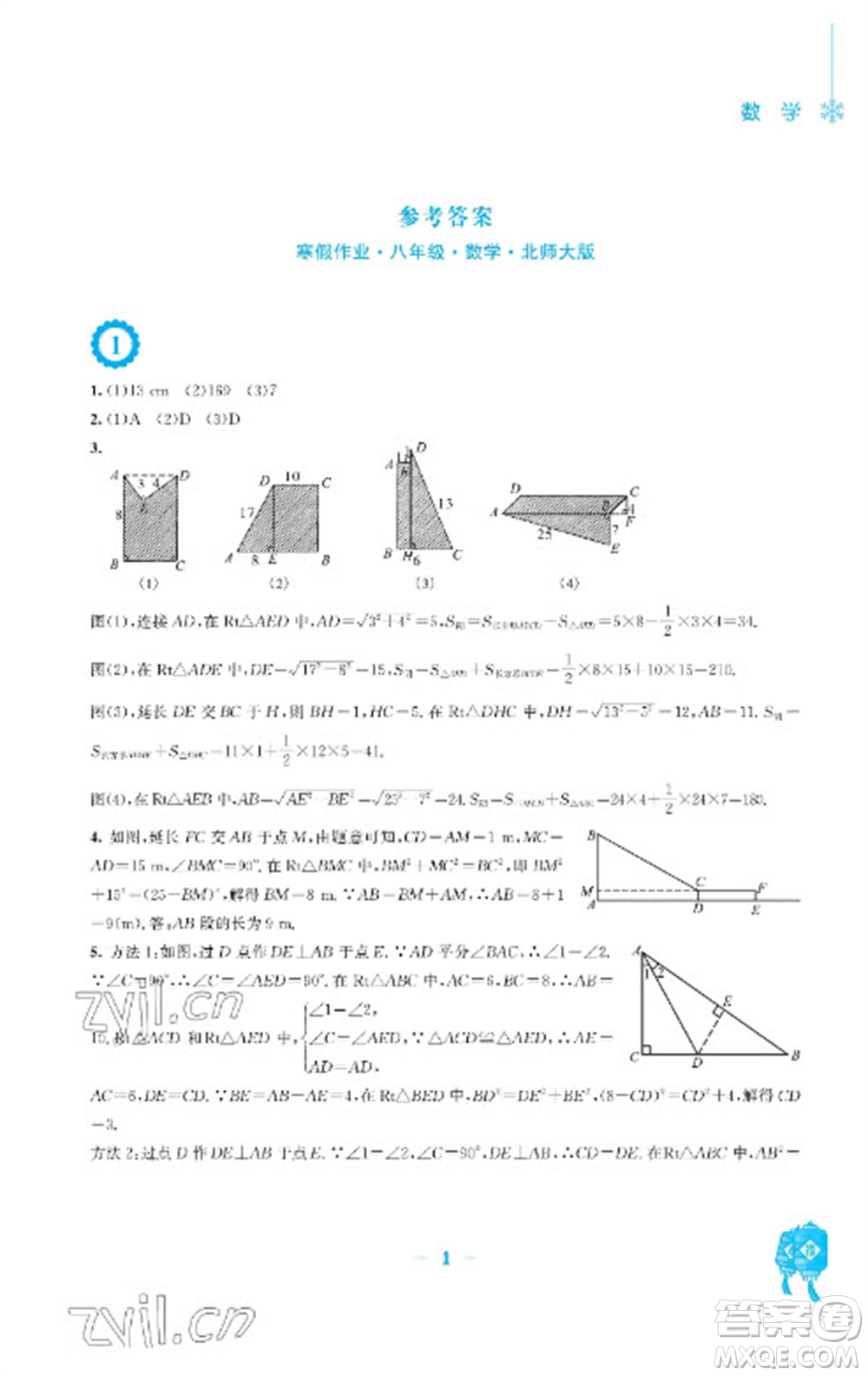 安徽教育出版社2023寒假作業(yè)八年級(jí)數(shù)學(xué)北師大版參考答案