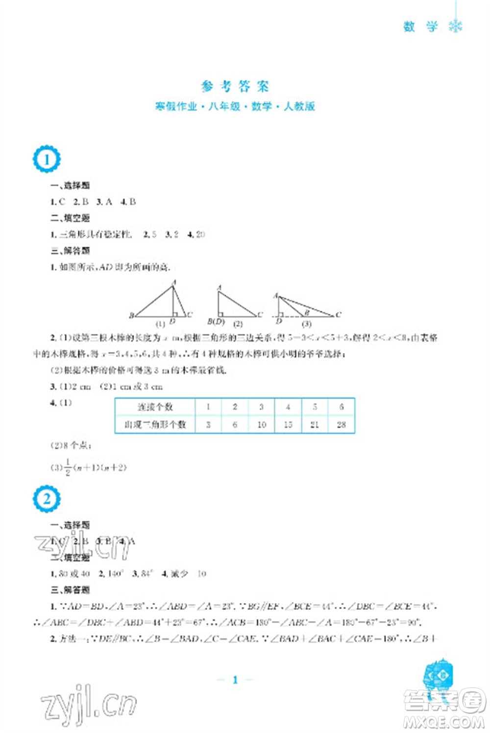 安徽教育出版社2023寒假作業(yè)八年級數(shù)學(xué)人教版參考答案