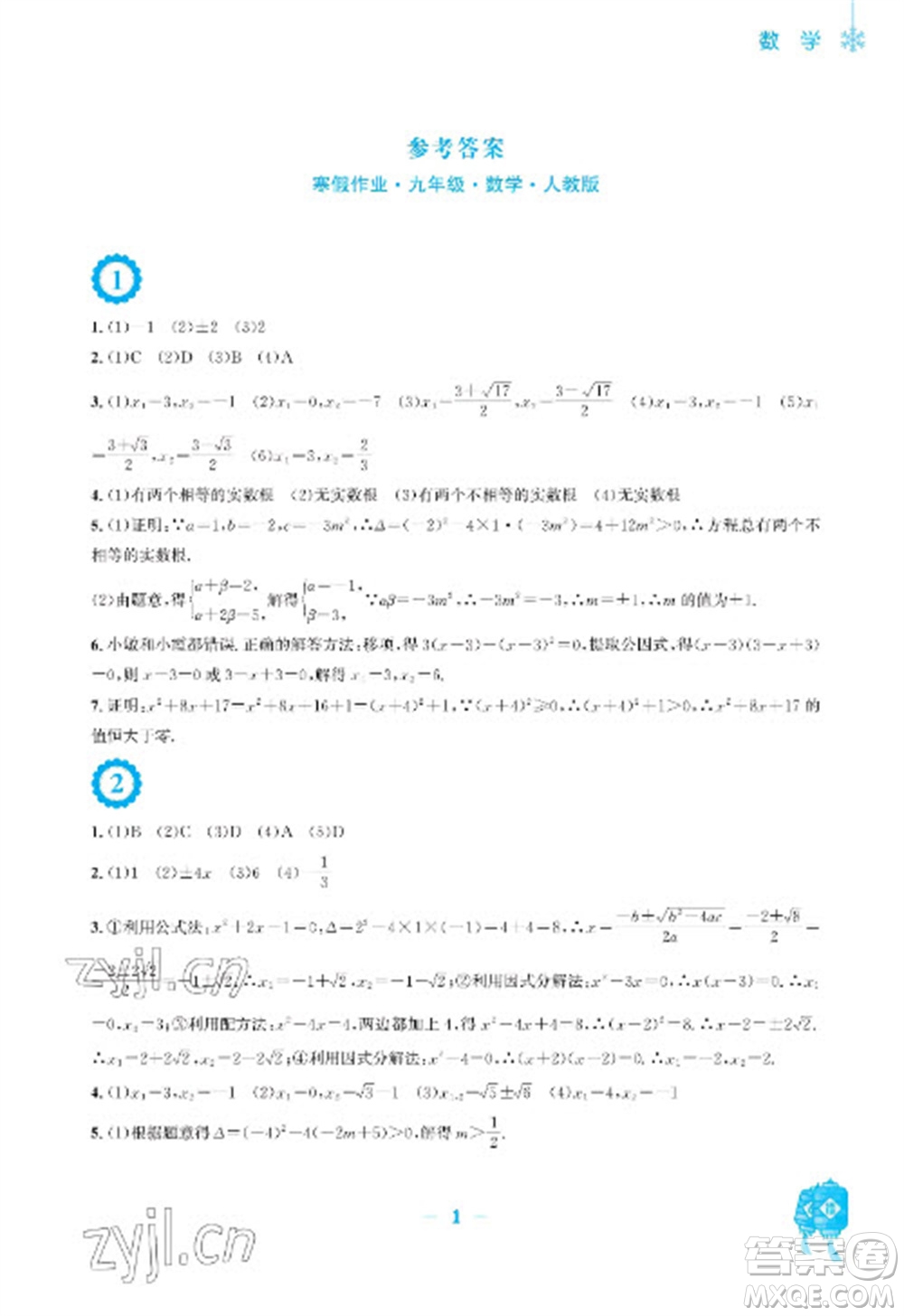 安徽教育出版社2023寒假作業(yè)九年級數(shù)學(xué)人教版參考答案