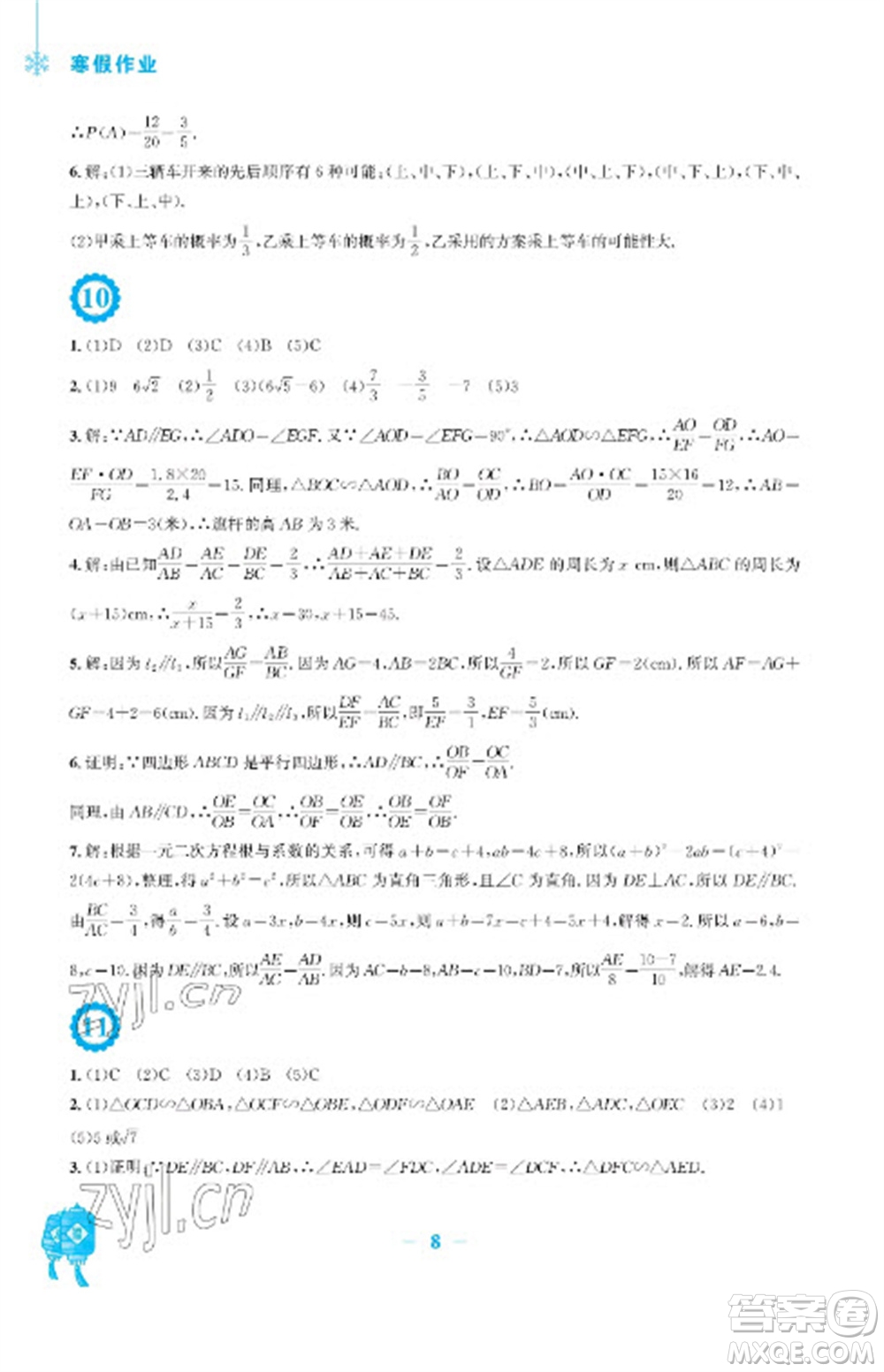 安徽教育出版社2023寒假作業(yè)九年級數(shù)學北師大版參考答案