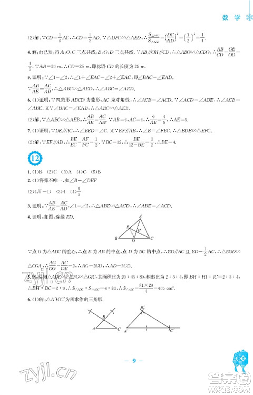 安徽教育出版社2023寒假作業(yè)九年級數(shù)學北師大版參考答案