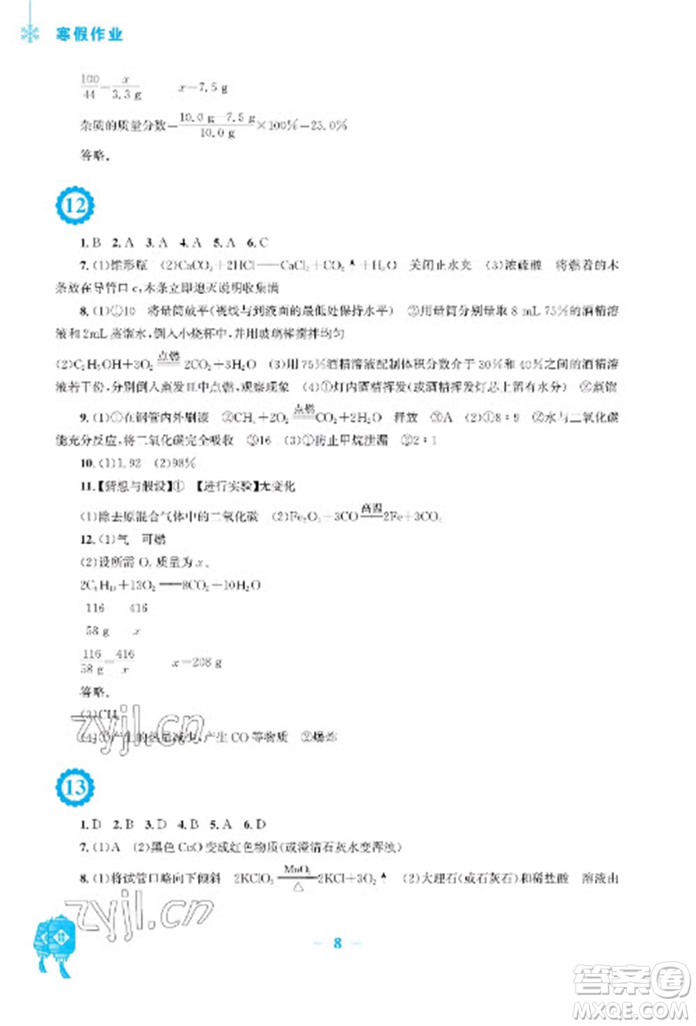 安徽教育出版社2023寒假作業(yè)九年級(jí)化學(xué)人教版參考答案