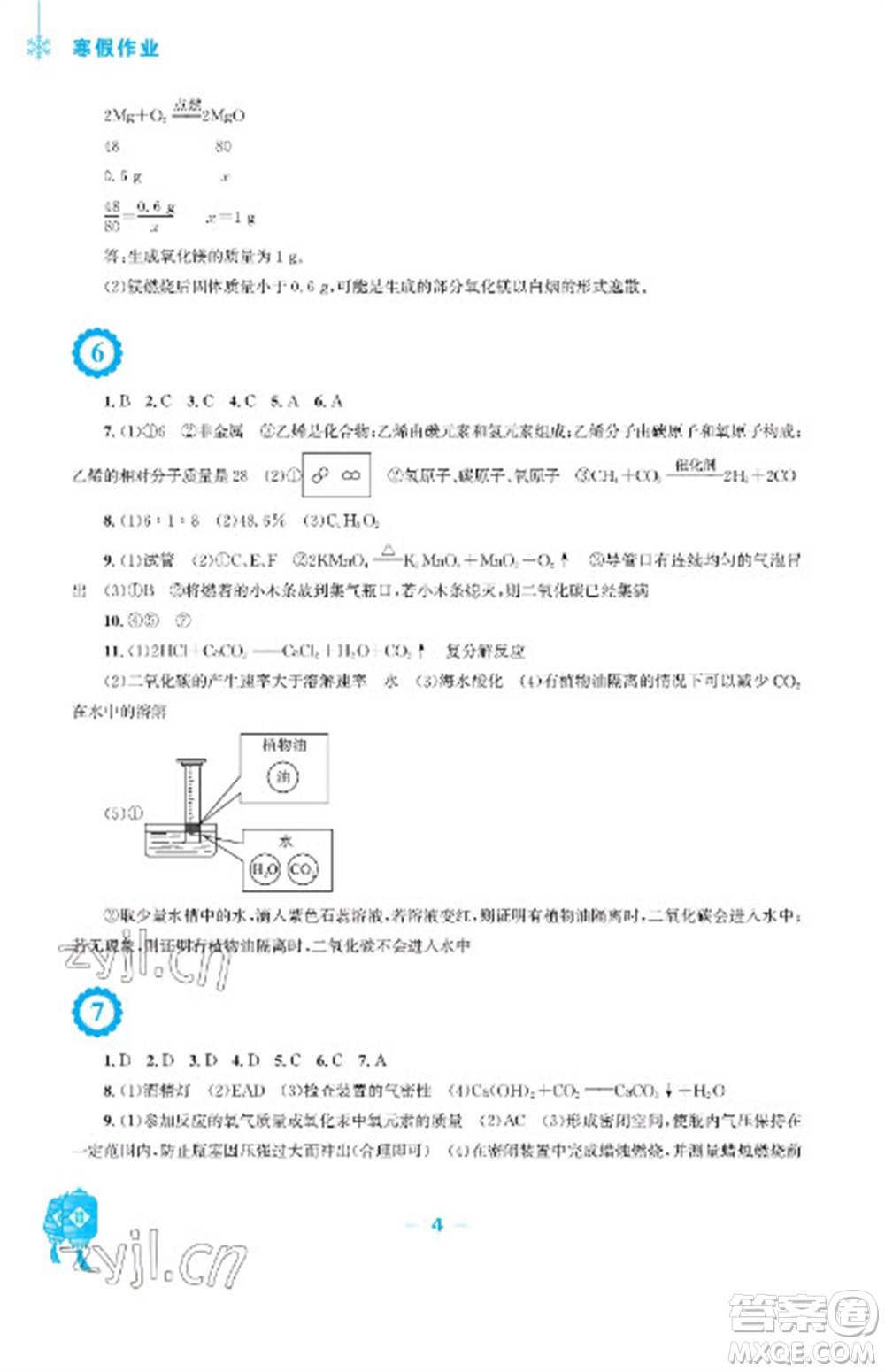 安徽教育出版社2023寒假作業(yè)九年級(jí)化學(xué)人教版參考答案