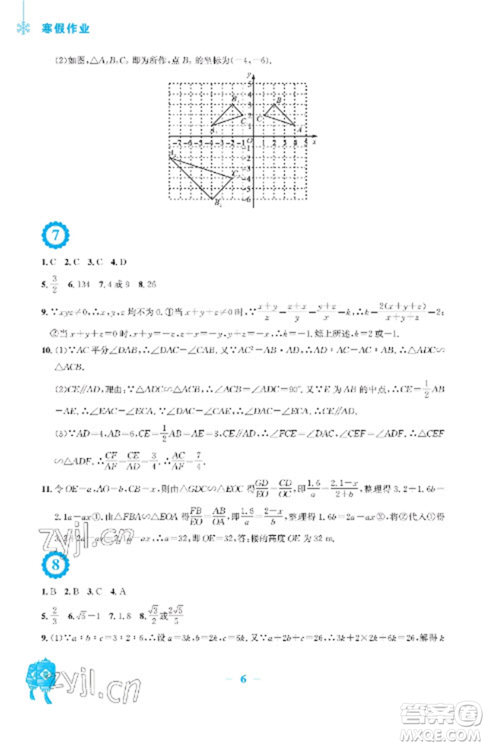 安徽教育出版社2023寒假作業(yè)九年級數(shù)學通用版參考答案
