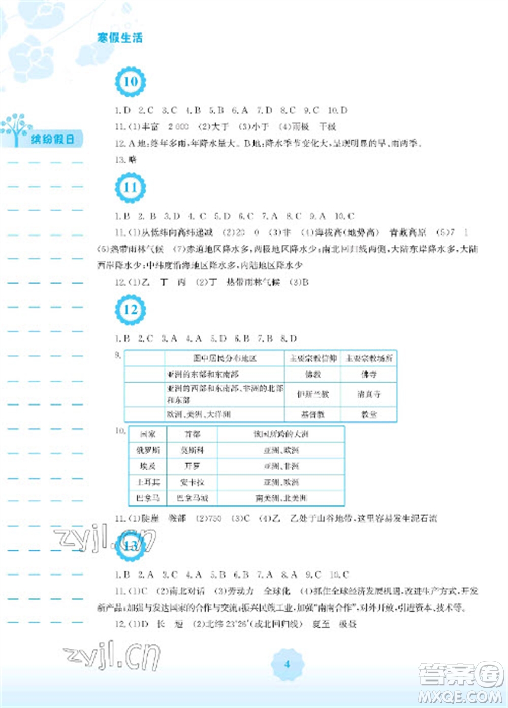 安徽教育出版社2023寒假生活七年級(jí)地理人教版參考答案