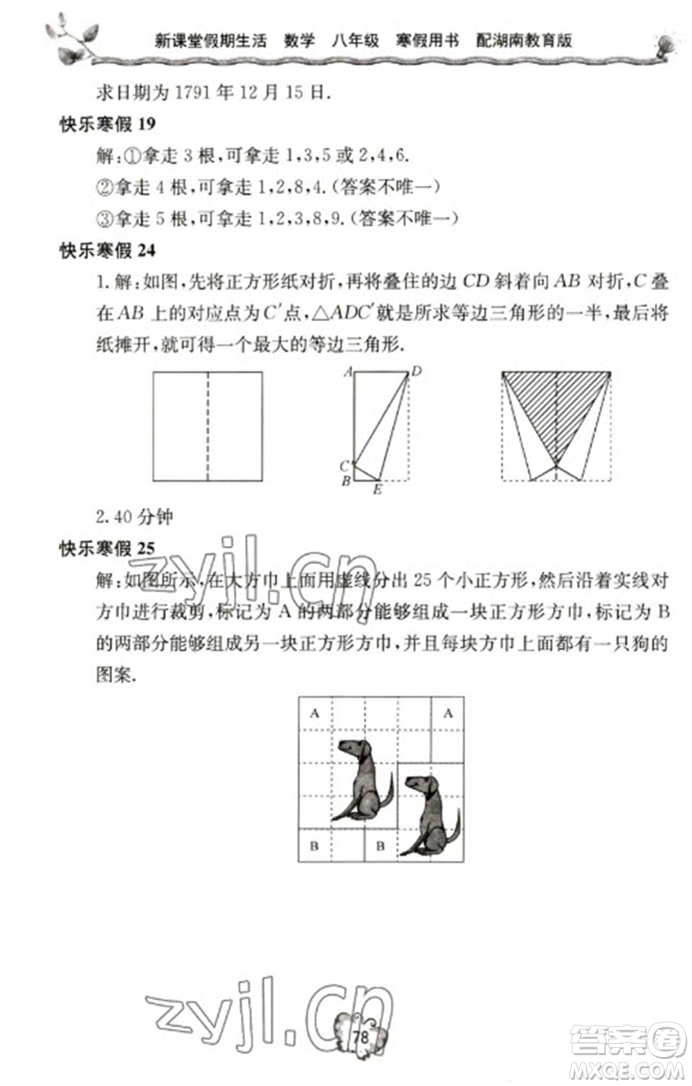 北京教育出版社2023新課堂假期生活寒假用書八年級數(shù)學湘教版參考答案