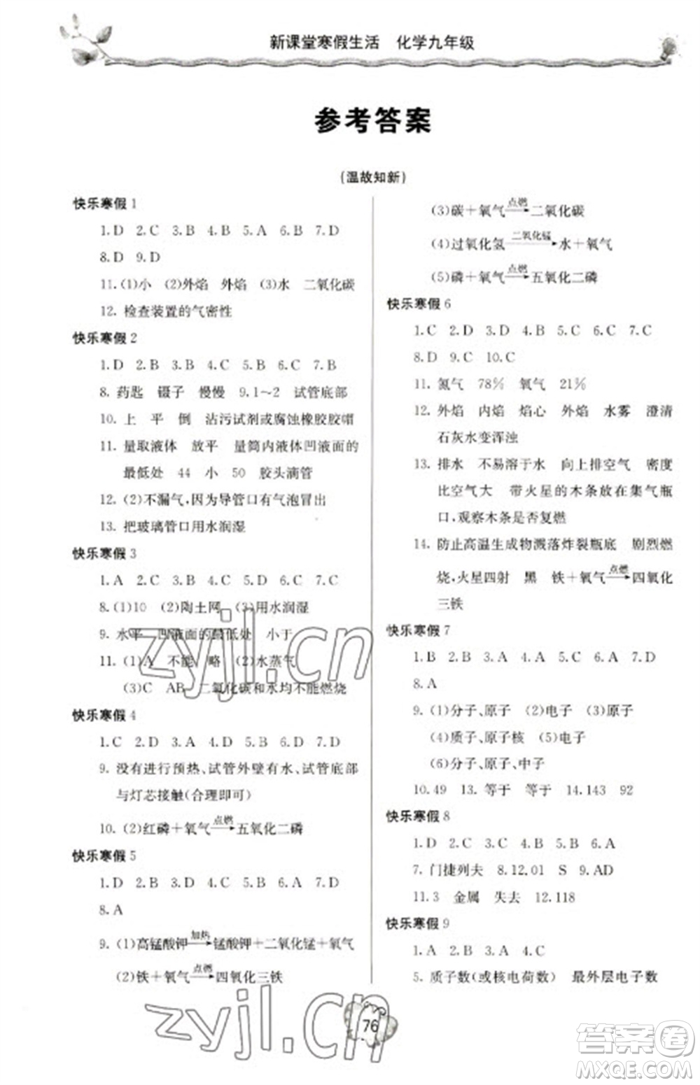北京教育出版社2023新課堂寒假生活九年級化學(xué)人教版參考答案