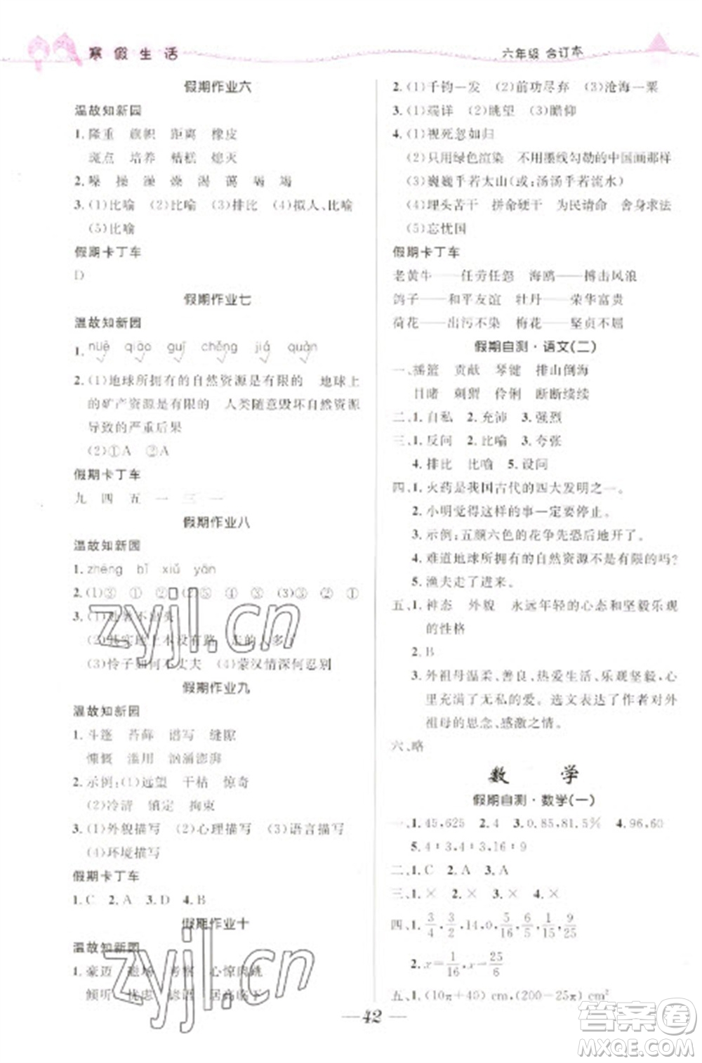 北京師范大學出版社2023寒假生活六年級合訂本人教版參考答案