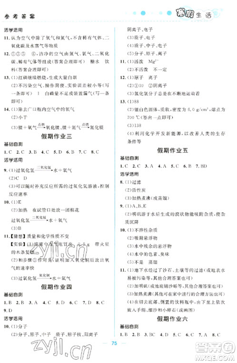 北京師范大學(xué)出版社2023寒假生活九年級理科合訂本人教版參考答案