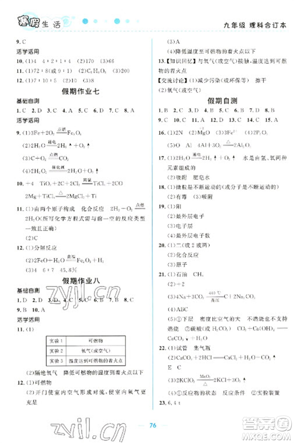 北京師范大學(xué)出版社2023寒假生活九年級理科合訂本人教版參考答案