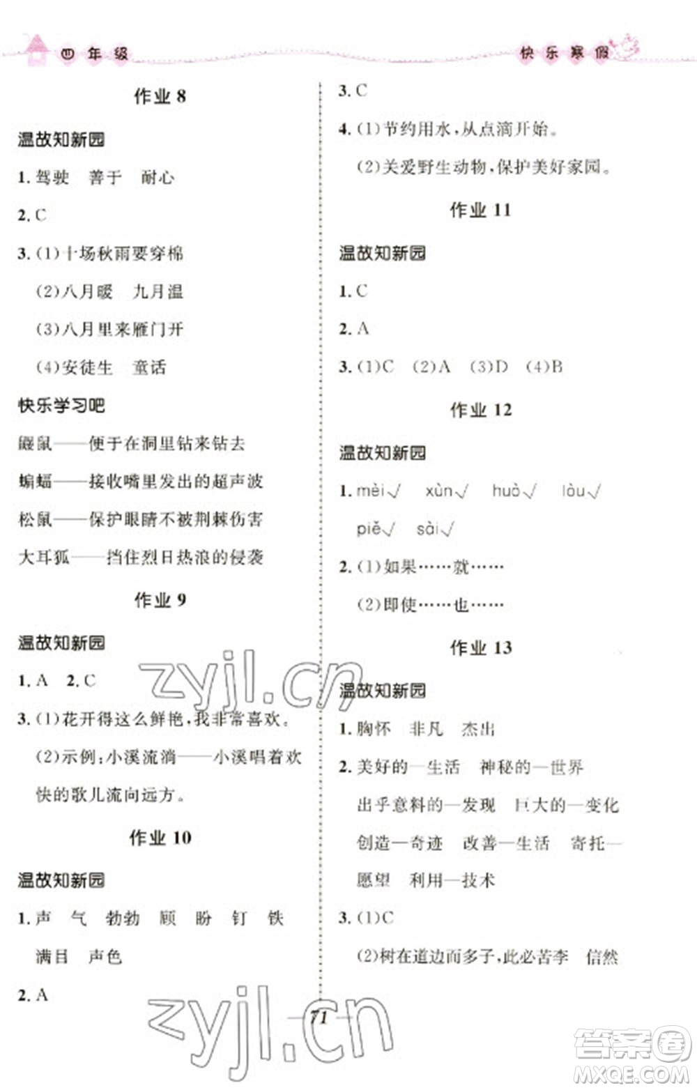 河北少年兒童出版社2023贏在起跑線快樂寒假四年級(jí)合訂本通用版福建專版參考答案