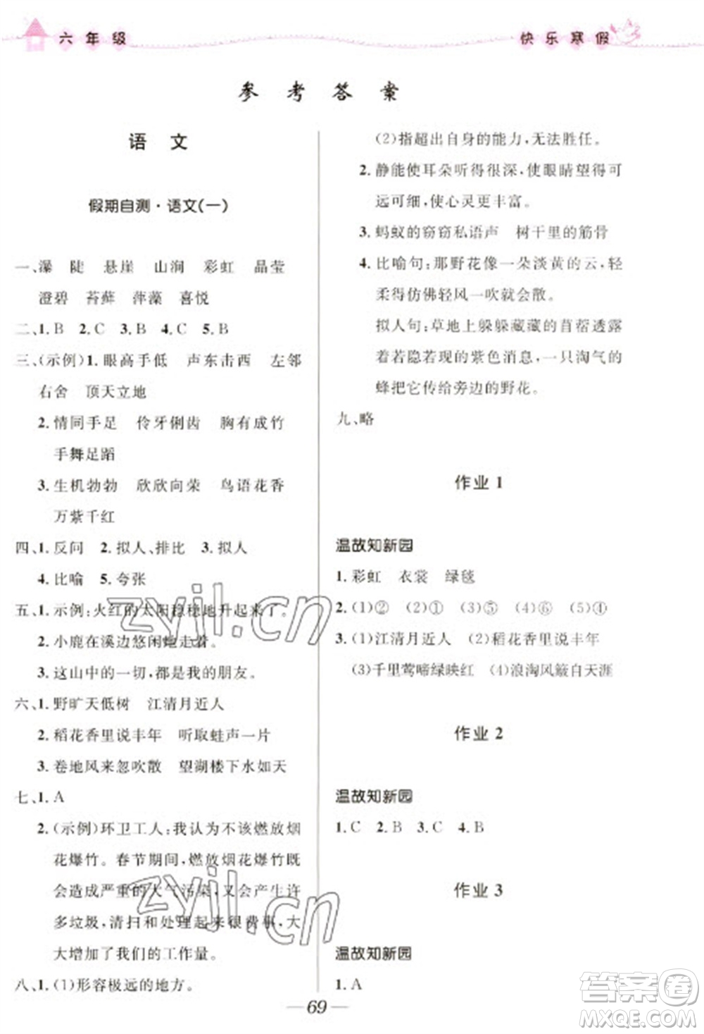 河北少年兒童出版社2023贏在起跑線快樂寒假六年級合訂本通用版福建專版參考答案