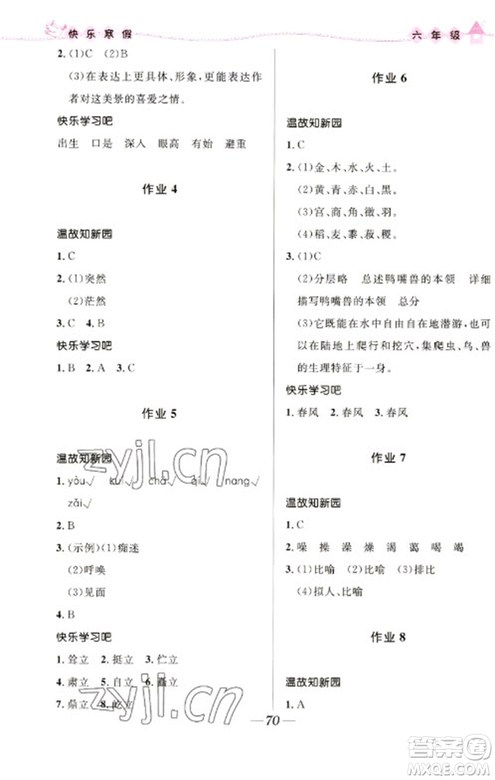 河北少年兒童出版社2023贏在起跑線快樂寒假六年級合訂本通用版福建專版參考答案