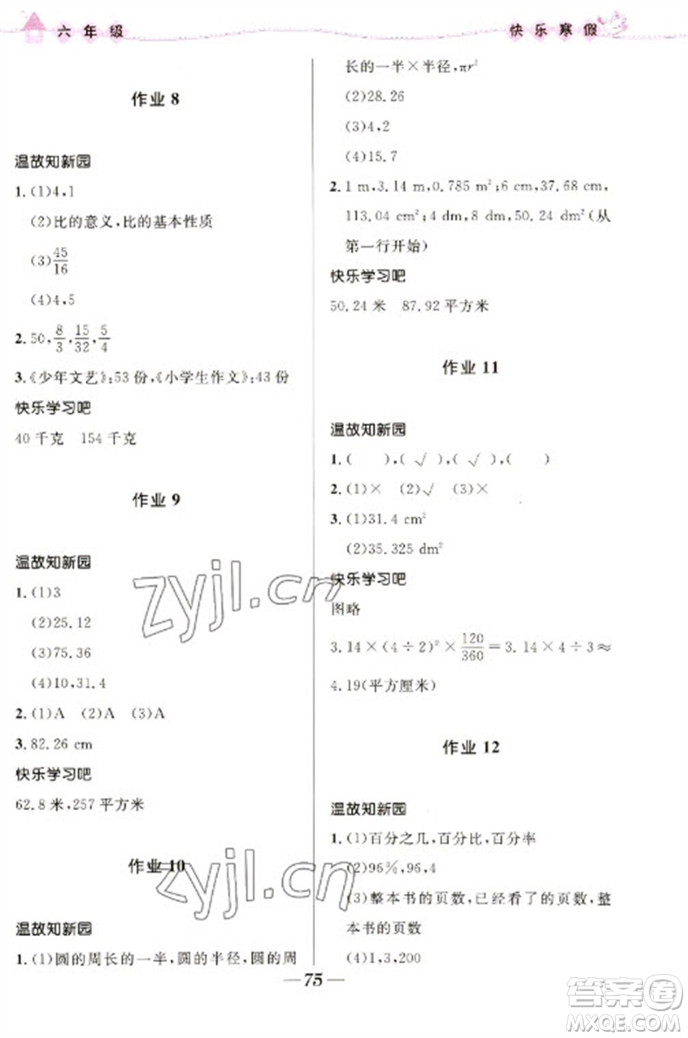 河北少年兒童出版社2023贏在起跑線快樂寒假六年級合訂本通用版福建專版參考答案