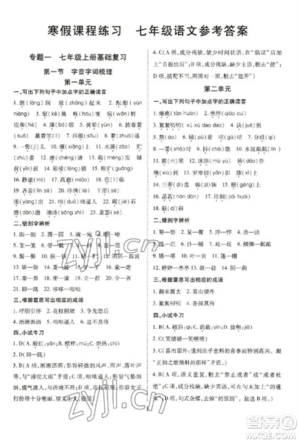 天津教育出版社2023寒假課程練習(xí)七年級(jí)語(yǔ)文人教版參考答案